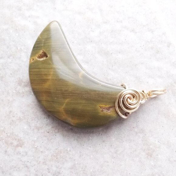 Genuine Jasper Moon Pendant - Hunter Sage Green - Wire Wrapped - Moon Goddess - Picture 2 of 8